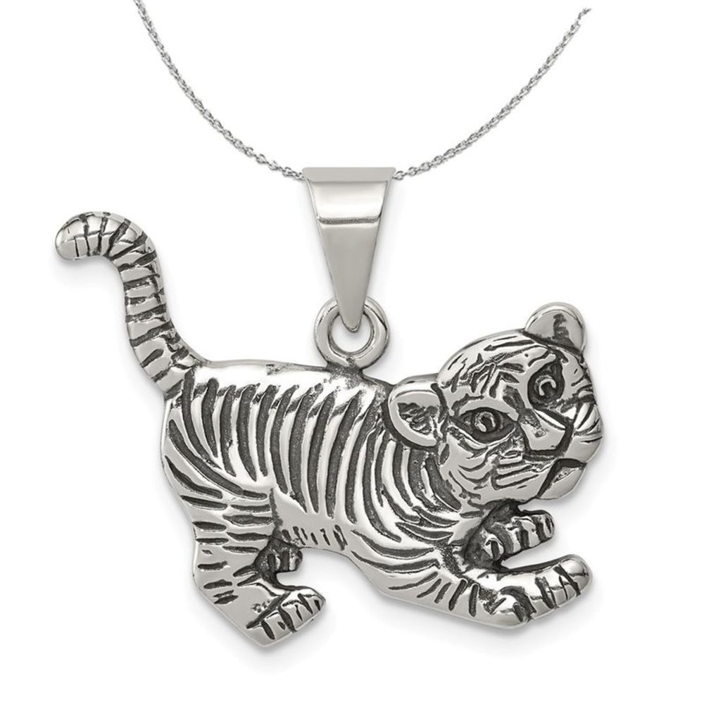 Sterling Silver Antiqued Tiger Cub Necklace - 16 inch